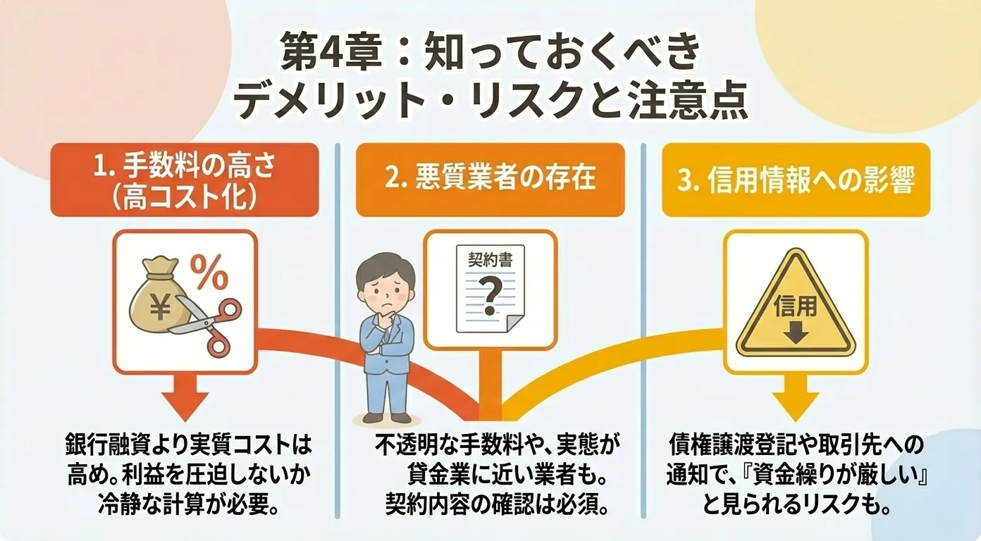 法人向けファクタリング利用時のデメリットやリスクについて検討する日本人経営者