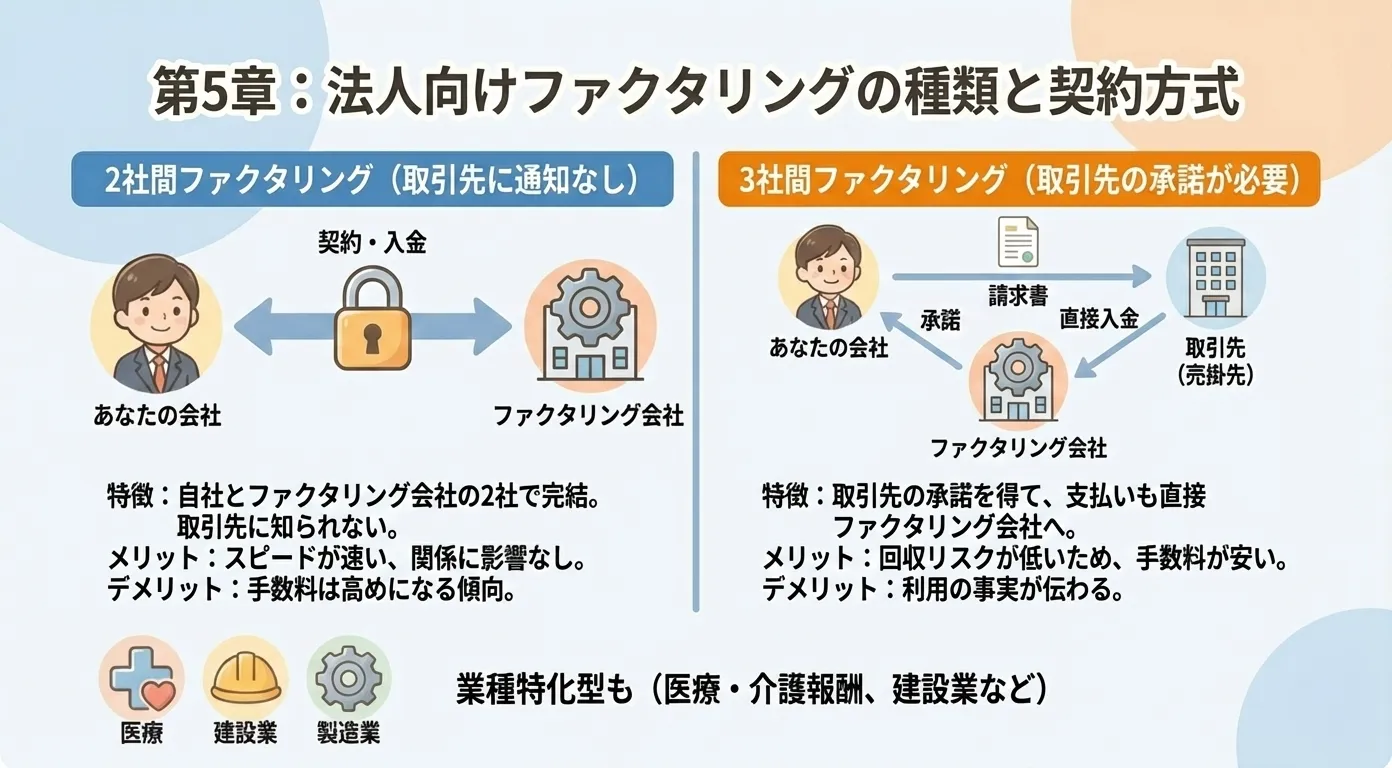 2社間・3社間・医療報酬など法人向けファクタリングの種類と契約方式を比較検討する日本人経営者