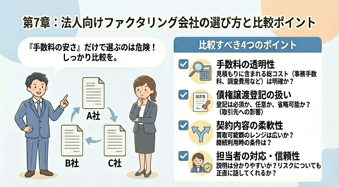 法人向けファクタリング会社の手数料やサービス内容を比較検討する日本人経営者