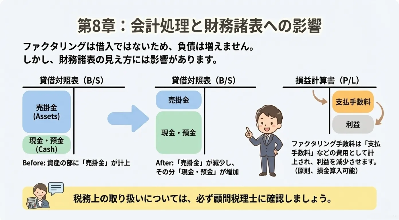 法人向けファクタリング利用時の会計処理と財務諸表への影響を確認する日本人経理担当者